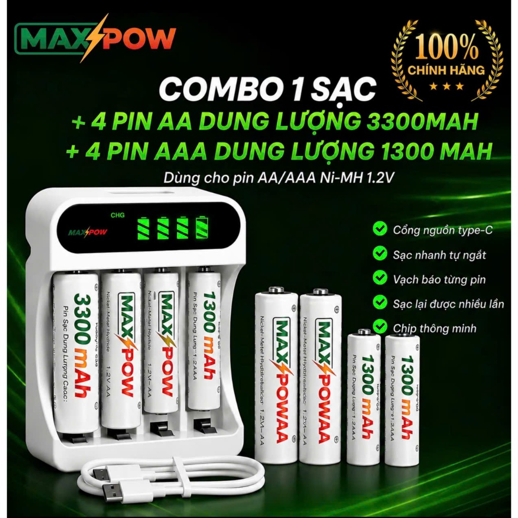 Pin Sạc Tái Sử Dụng Maxpow, Combo 1 Sạc + 4 Pin AA 3300mAh + 4 Pin AAA 1300mAh, sạc tái dụng, sạc lại nhiều lần ...