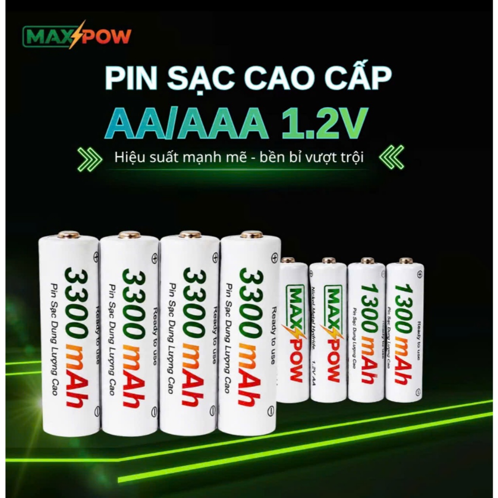 Pin Sạc Tái Sử Dụng Maxpow, Combo 1 Sạc + 4 Pin AA 3300mAh + 4 Pin AAA 1300mAh, sạc tái dụng, sạc lại nhiều lần ...