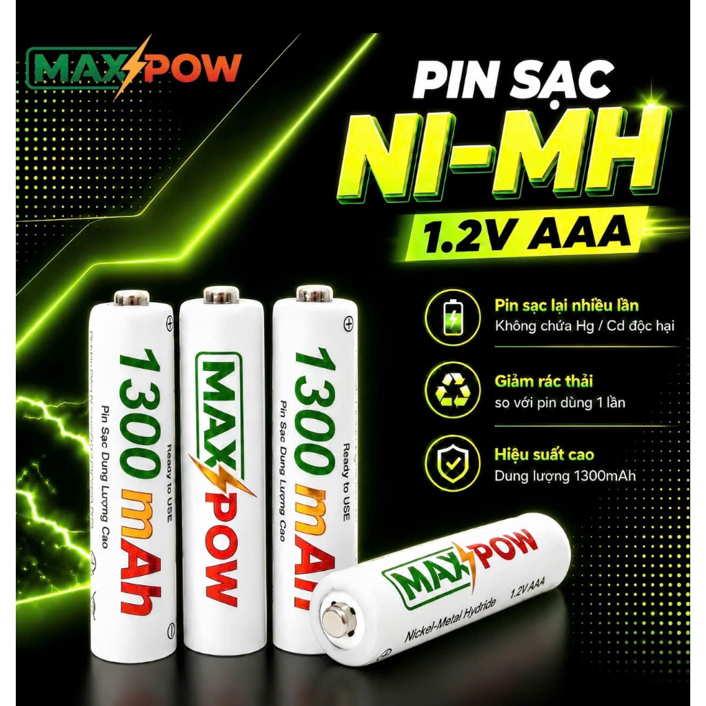 Pin Sạc Tái Sử Dụng Maxpow, Combo 1 Sạc + 4 Pin AA 3300mAh + 4 Pin AAA 1300mAh, sạc tái dụng, sạc lại nhiều lần ...