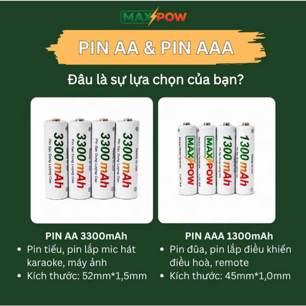 Pin Sạc Tái Sử Dụng Maxpow, Combo 1 Sạc + 4 Pin AA 3300mAh + 4 Pin AAA 1300mAh, sạc tái dụng, sạc lại nhiều lần ...