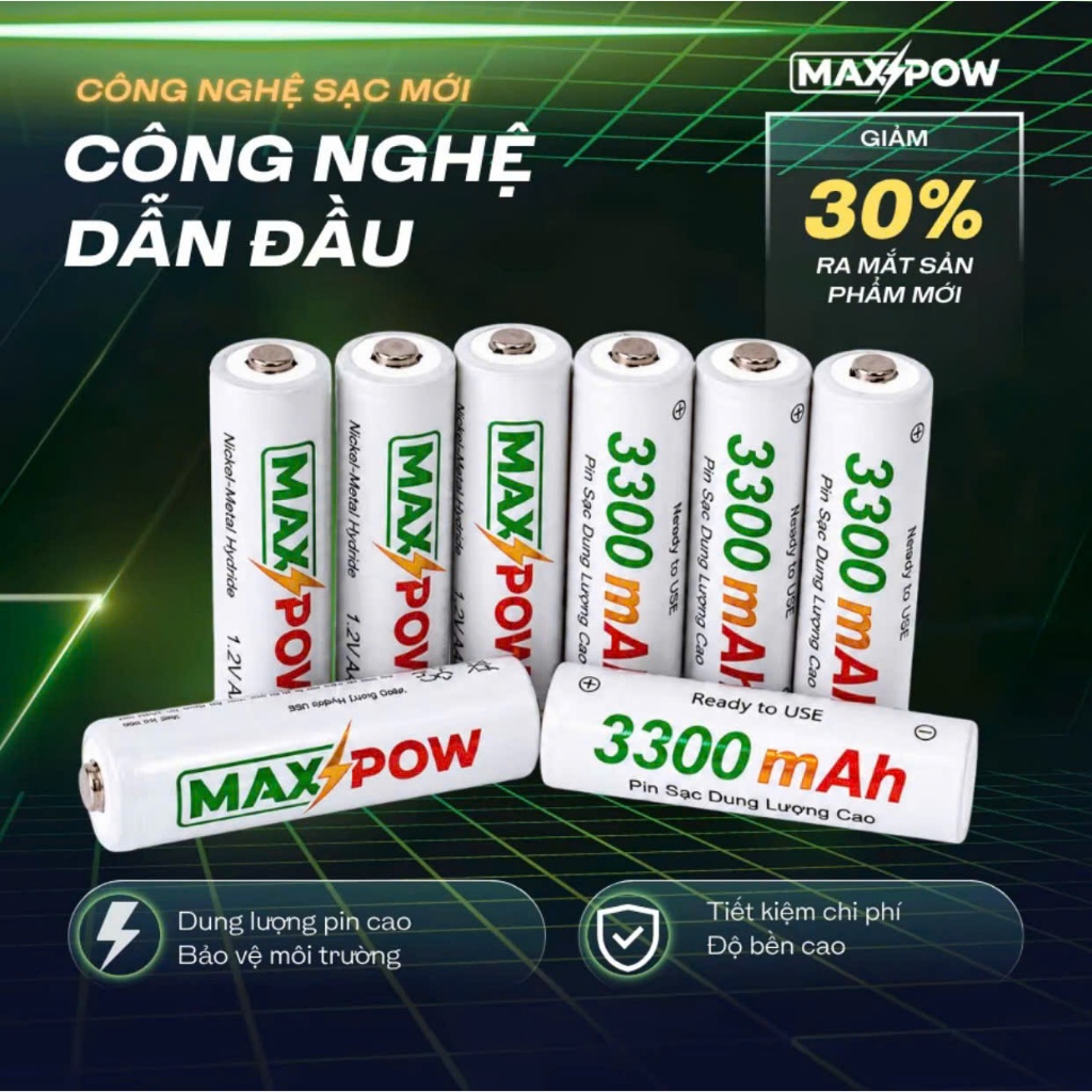 Maxpow Pin Sạc Tái Sử Dụng Combo 1 Sạc + 8 Pin AA 3300mAh, sạc tái dụng, sạc lại nhiều lần pin lắp mic hát 8-10 tiếng.,.