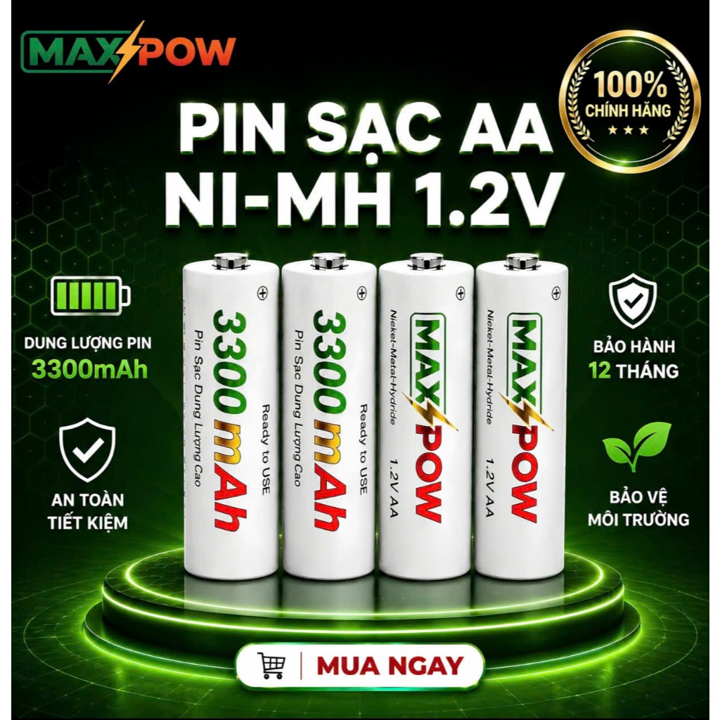 Maxpow Pin Sạc Tái Sử Dụng Combo 1 Sạc + 8 Pin AA 3300mAh, sạc tái dụng, sạc lại nhiều lần pin lắp mic hát 8-10 tiếng.,.