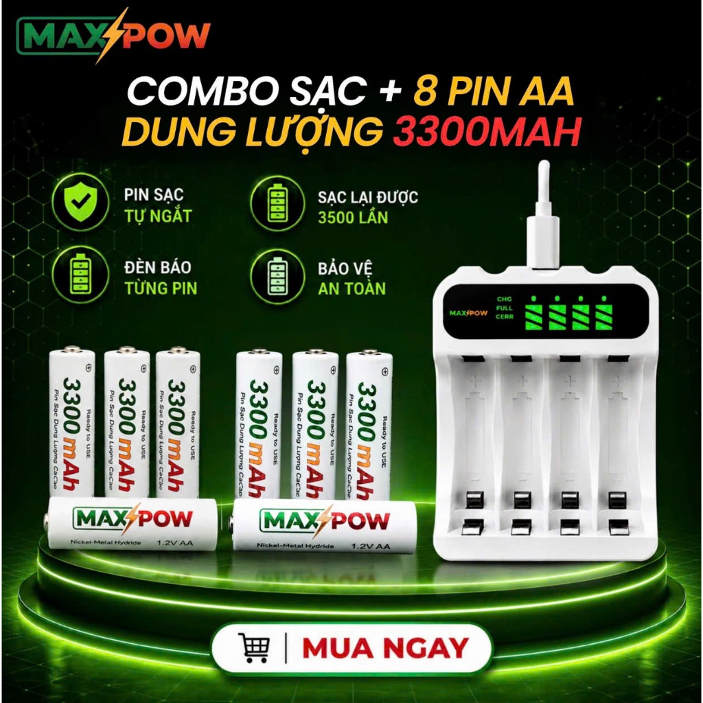 Maxpow Pin Sạc Tái Sử Dụng Combo 1 Sạc + 8 Pin AA 3300mAh, sạc tái dụng, sạc lại nhiều lần pin lắp mic hát 8-10 tiếng.,.
