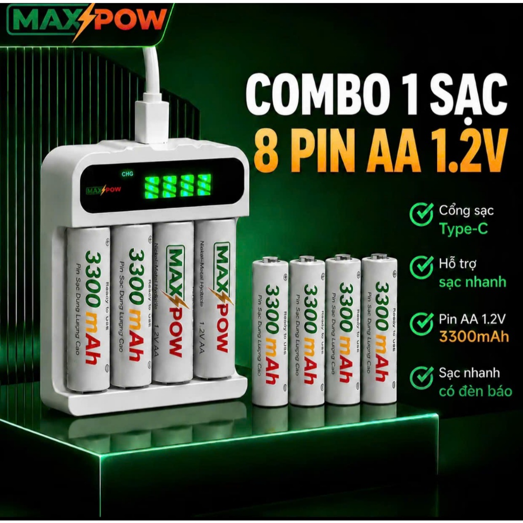 Maxpow Pin Sạc Tái Sử Dụng Combo 1 Sạc + 8 Pin AA 3300mAh, sạc tái dụng, sạc lại nhiều lần pin lắp mic hát 8-10 tiếng.,.