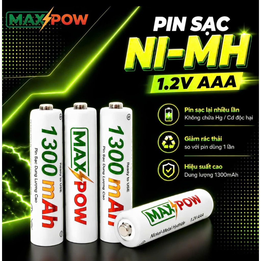 MAXPOW Pin Sạc Tái Sử Dụng AAA 1.2V 1300mAh Ni-MH, Dung Lượng Cao, Sử Dụng Lặp Lại Nhiều Lần,....