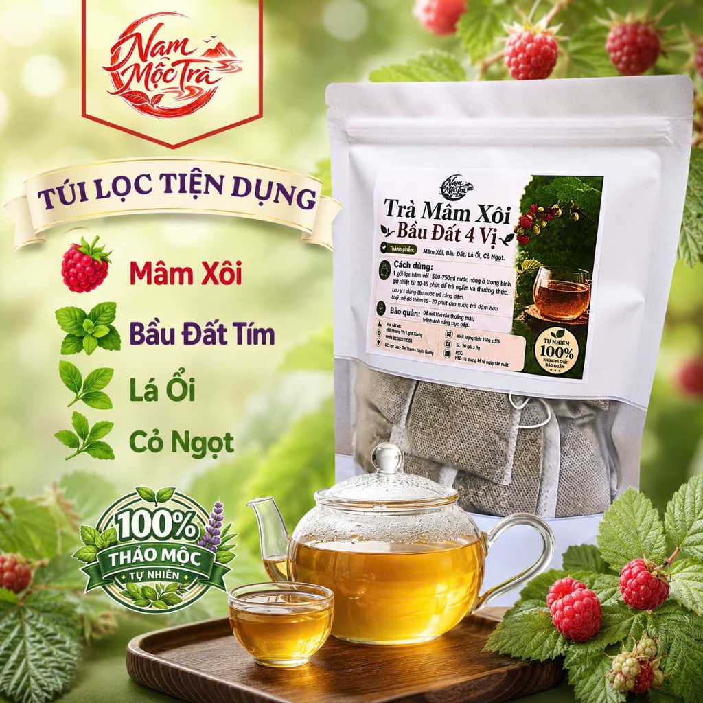 Trà mâm xôi 4 Vị , Mâm Xôi, Bầu Đất ,Lá  Ổi, Cỏ Ngọt, điều kinh, dâu đều, dày niêm mạc, ivf
