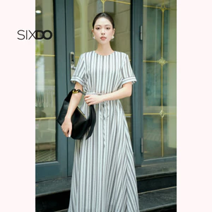Đầm dáng xòe dài cổ tròn ngắn tay rút dây eo SIXDO (Woven Flared Dress)