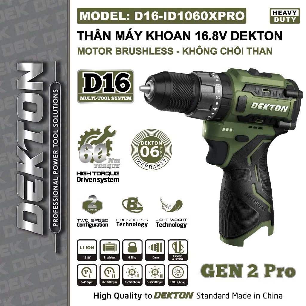 Máy Khoan Pin 16,8V Dekton D16-KB1060PRO 3 Chức Năng - Motor Brushless - Đầu Cặp 10mm Autolock