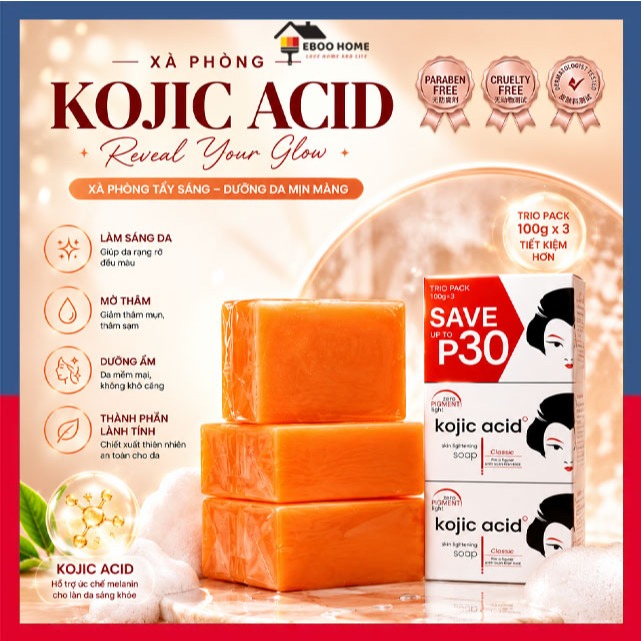 Xà Phòng Kojic Acid 3 Bánh 100g - Thành Phần Dịu Nhẹ, Làm Sạch Da, Hỗ Trợ Da Sáng Khỏe Tự Nhiên