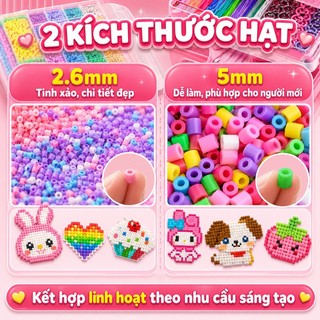 Bộ hạt nhựa ghép ủi 24 màu, đồ thủ công DIY cho trẻ em, các hạt màu được sắp xếp gọn gàng, kèm mẫu ghép và giấy ủi, hình