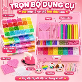 Bộ hạt nhựa ghép ủi 24 màu, đồ thủ công DIY cho trẻ em, các hạt màu được sắp xếp gọn gàng, kèm mẫu ghép và giấy ủi, hình