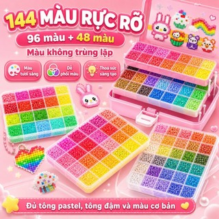 Bộ hạt nhựa ghép ủi 24 màu, đồ thủ công DIY cho trẻ em, các hạt màu được sắp xếp gọn gàng, kèm mẫu ghép và giấy ủi, hình