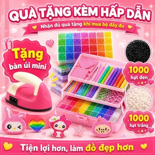 Bộ hạt nhựa ghép ủi 24 màu, đồ thủ công DIY cho trẻ em, các hạt màu được sắp xếp gọn gàng, kèm mẫu ghép và giấy ủi, hình