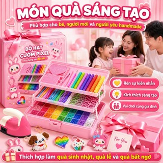 Bộ hạt nhựa ghép ủi 24 màu, đồ thủ công DIY cho trẻ em, các hạt màu được sắp xếp gọn gàng, kèm mẫu ghép và giấy ủi, hình