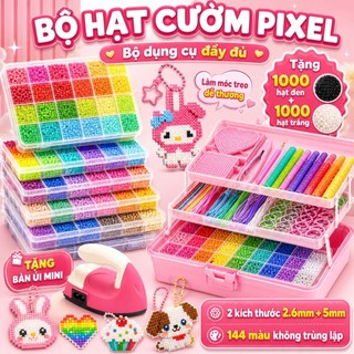 Bộ hạt nhựa ghép ủi 24 màu, đồ thủ công DIY cho trẻ em, các hạt màu được sắp xếp gọn gàng, kèm mẫu ghép và giấy ủi, hình