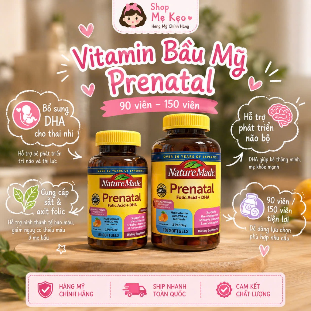 [Mẫu Mới Vị Cam+Date 2027] Vitamin Tổng Hợp+DHA Prenatal Bầu Mỹ Nature Made Prenatal Folic Acid + DHA 90 viên - 150 viên
