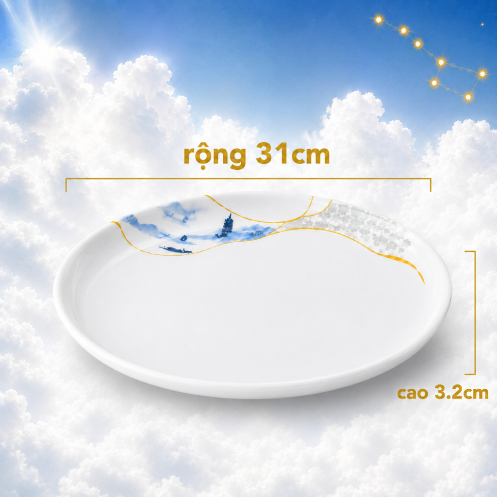 Đĩa Tròn  320-12  Melamine A8 Tuyết Vân Ngọc Lam – Phong Cách Tân Trung Hoa Sang Trọng