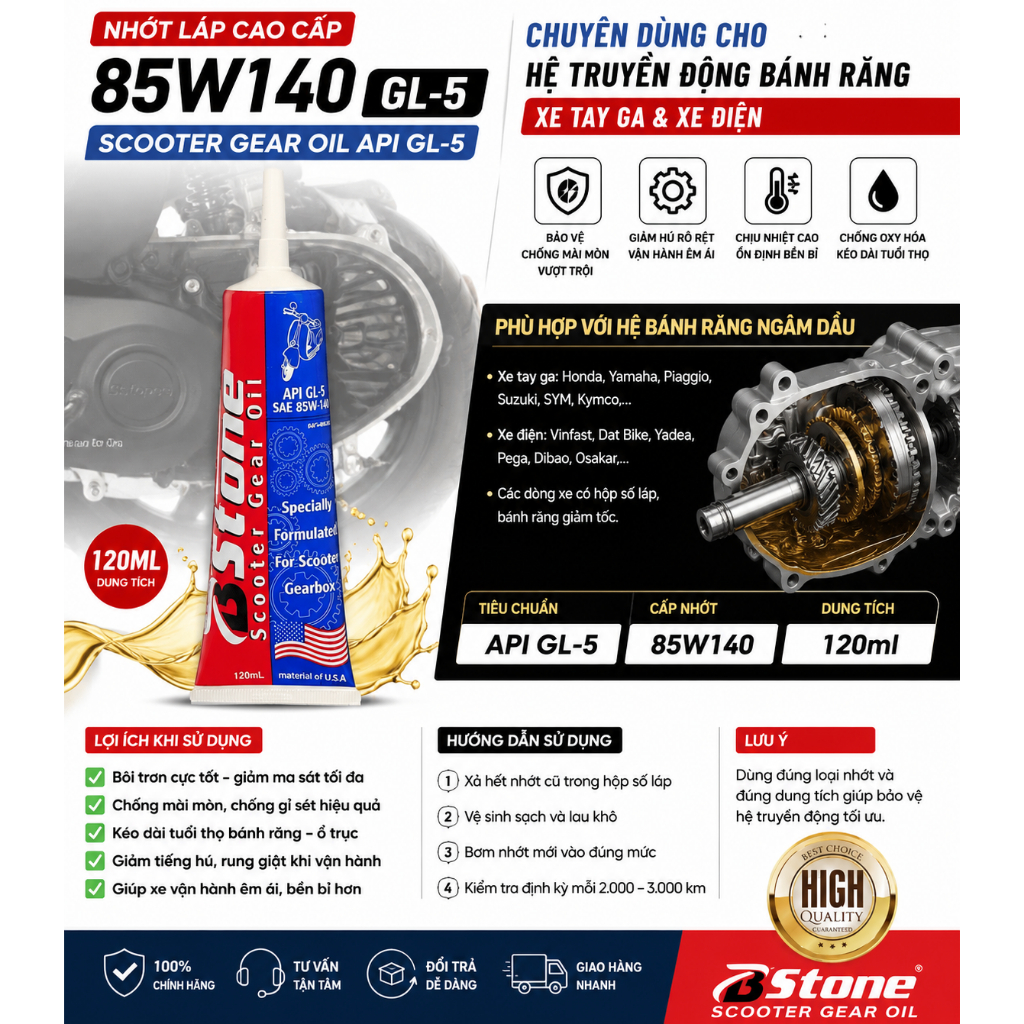 Nhớt Láp Xe Tay Ga 85W140 GL-5 BStone - Dùng Cho Xe Điện Dat Bike ERA – Scooter Gear Oil – Giảm Hú Láp, Chịu Tải Cao