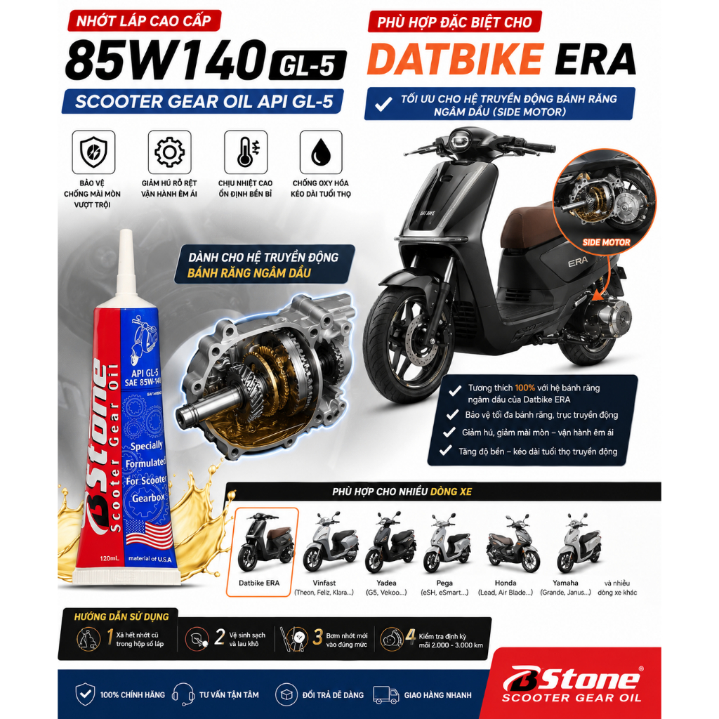 Nhớt Láp Xe Tay Ga 85W140 GL-5 BStone - Dùng Cho Xe Điện Dat Bike ERA – Scooter Gear Oil – Giảm Hú Láp, Chịu Tải Cao