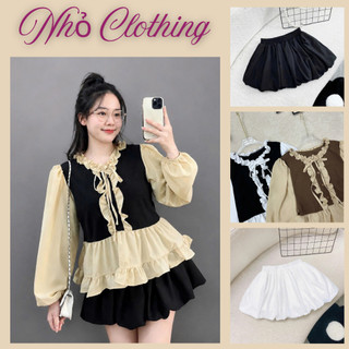 Set Bigsize Áo Babydoll Bèo Cổ Nơ Phối Kèm Chân Váy Bí Xinh Xắn Dành Cho Nàng Chuppy A336+CV413