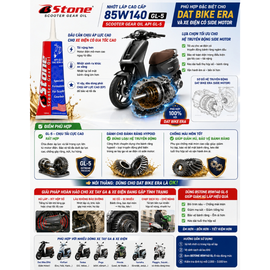 Nhớt Láp Xe Tay Ga 85W140 GL-5 BStone - Dùng Cho Xe Điện Dat Bike ERA – Scooter Gear Oil – Giảm Hú Láp, Chịu Tải Cao