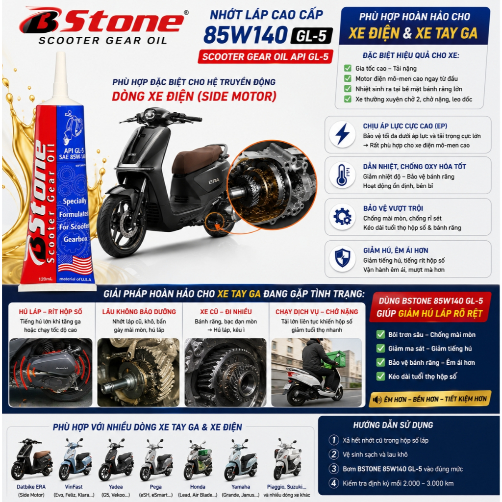 Nhớt Láp Xe Tay Ga 85W140 GL-5 BStone - Dùng Cho Xe Điện Dat Bike ERA – Scooter Gear Oil – Giảm Hú Láp, Chịu Tải Cao