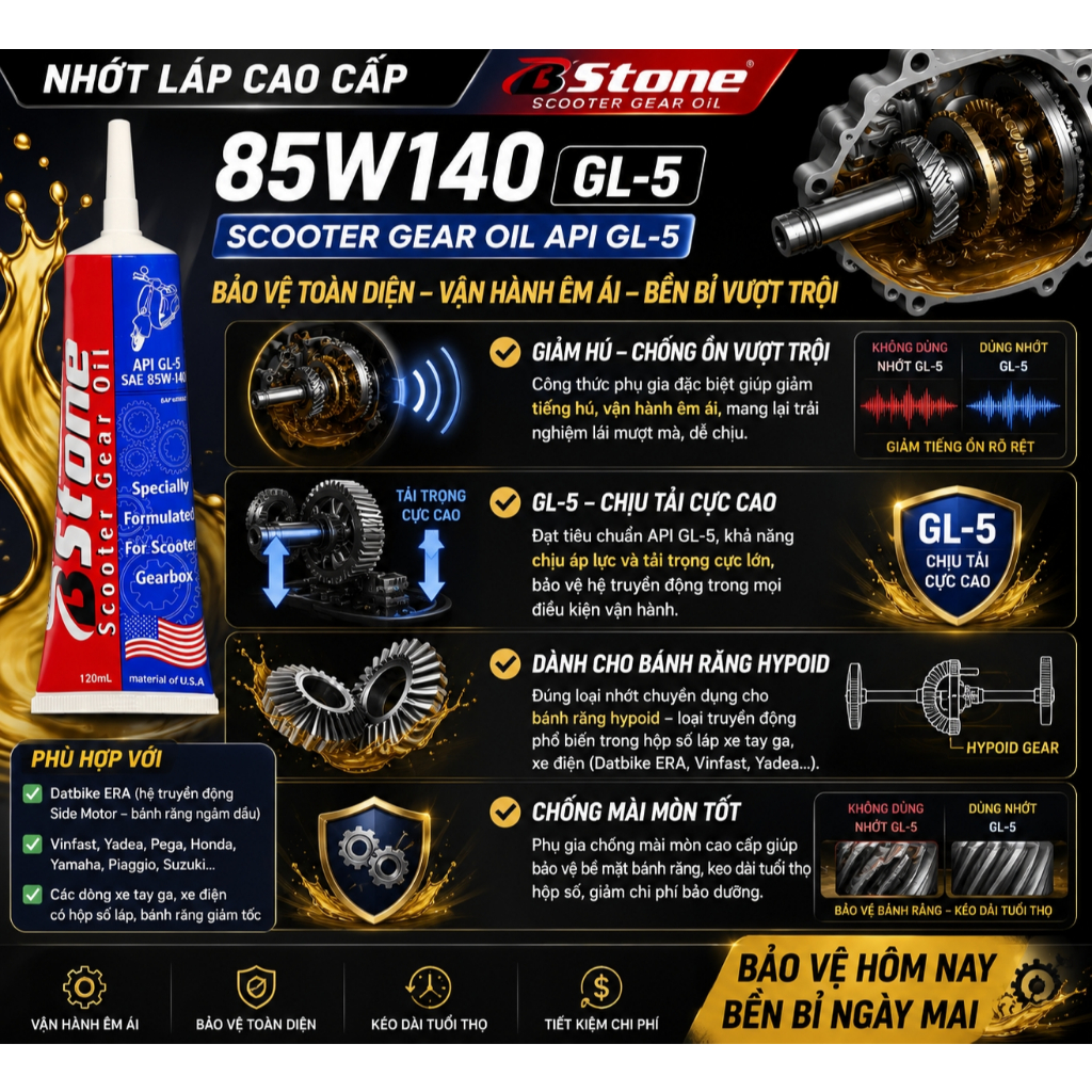 Nhớt Láp Xe Tay Ga 85W140 GL-5 BStone - Dùng Cho Xe Điện Dat Bike ERA – Scooter Gear Oil – Giảm Hú Láp, Chịu Tải Cao