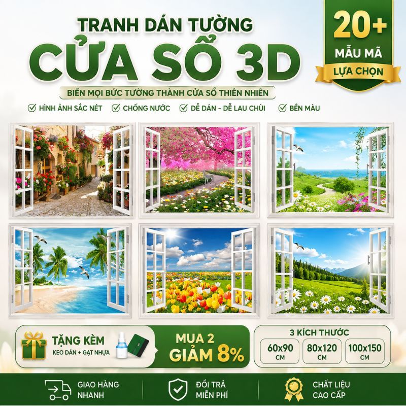 Tranh Dán Tường Cửa Sổ 3D Có Sẵn Keo Bóc Dán Dễ Dàng Trang Trí Phòng Khách Phòng Ngủ