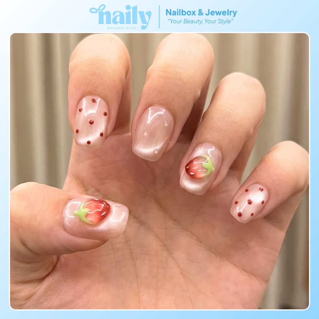 Móng tay giả, nail box 24 móng, móng giả form ngắn đính charm dâu nổi