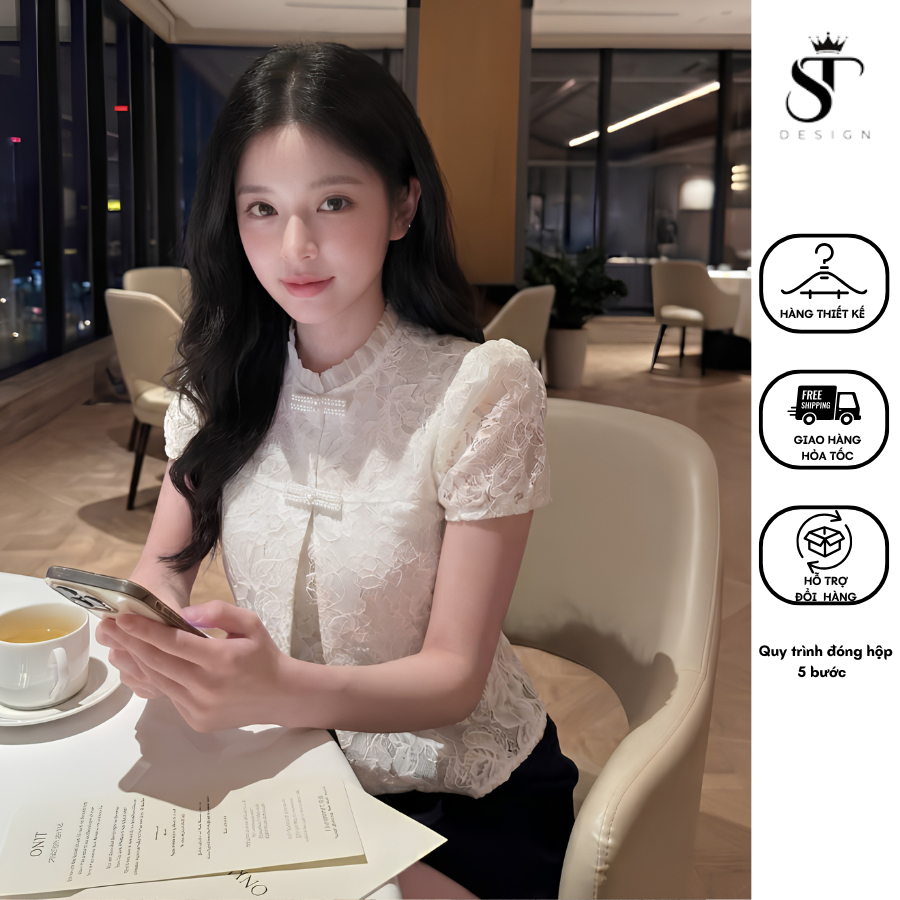 Áo kiểu tiểu thư hottrend 2 lớp phối ren sang chảnh màu Be kem phong cách Hàn Quốc - ST Design - k90