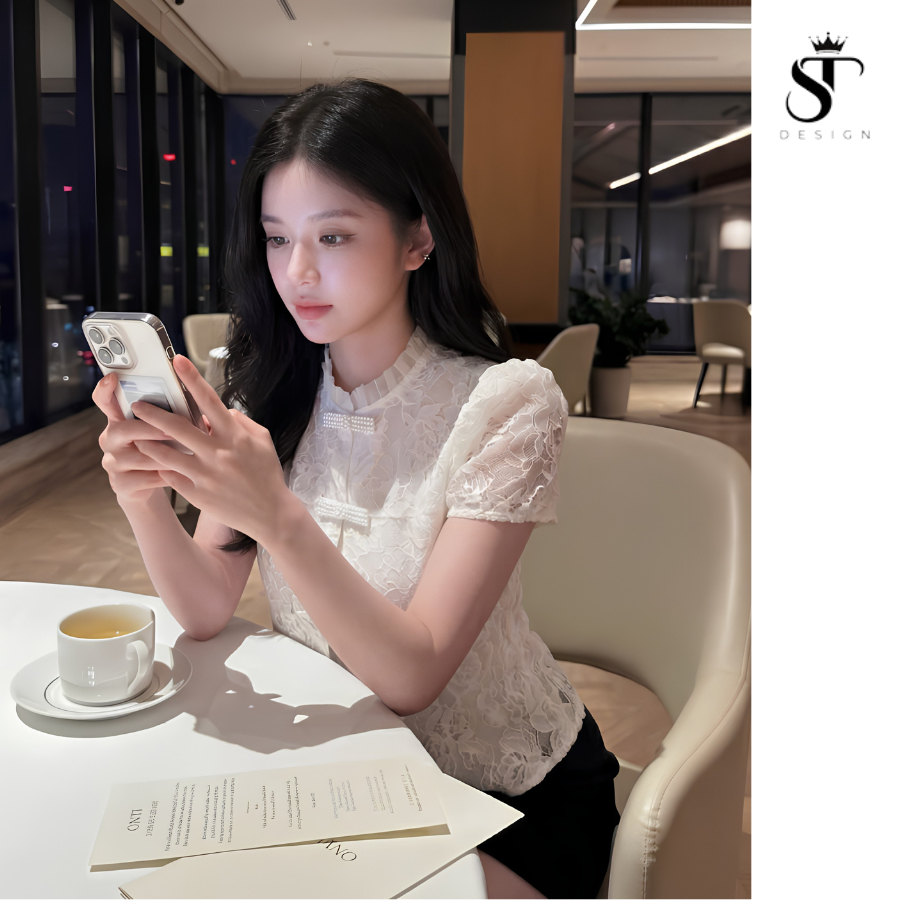 Áo kiểu tiểu thư hottrend 2 lớp phối ren sang chảnh màu Be kem phong cách Hàn Quốc - ST Design - k90