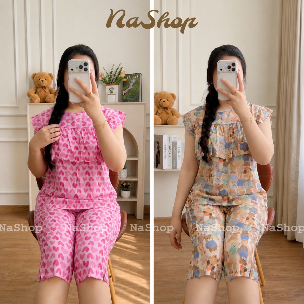 [MÀU MỚI] Đồ bộ mặc nhà Quần lửng Áo bèo ngực, Chất tôn lanh mềm mát mịn Đủ size 40~75kg NaShop