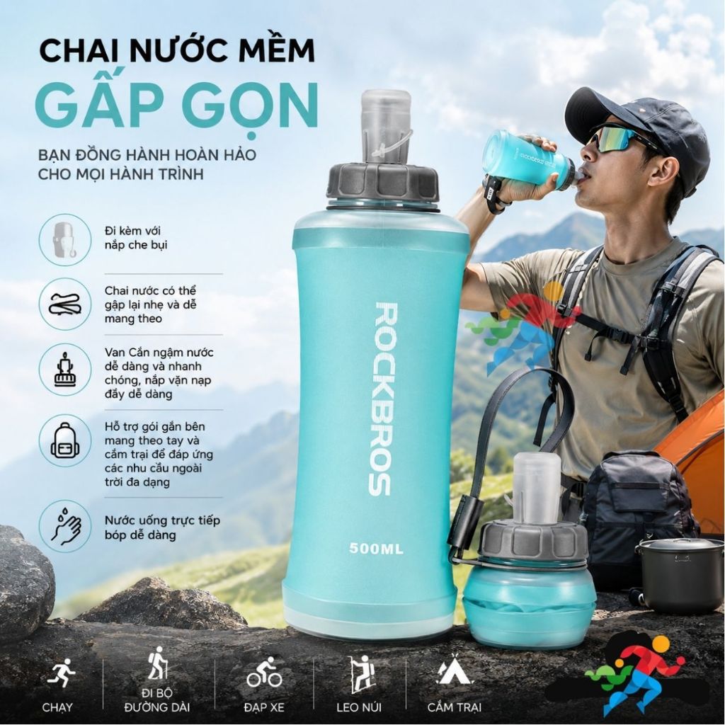 Chai Nước Mềm Di Động Silicon ROCKBROS 500ml có thể gấp gọn, Để Xe Đạp, Thể Thao Ngoài Trời, chạy bộ