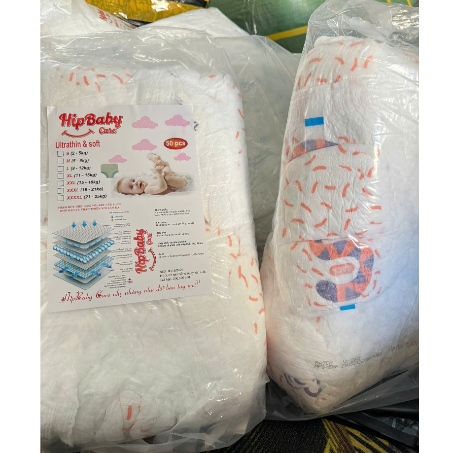 [Combo 100 miếng] Bỉm Quần HIPBABYCARE Form Xuông Mềm Mại, Thoáng Mát, Thấm Hút Tốt Đủ Size S-6XL HBB