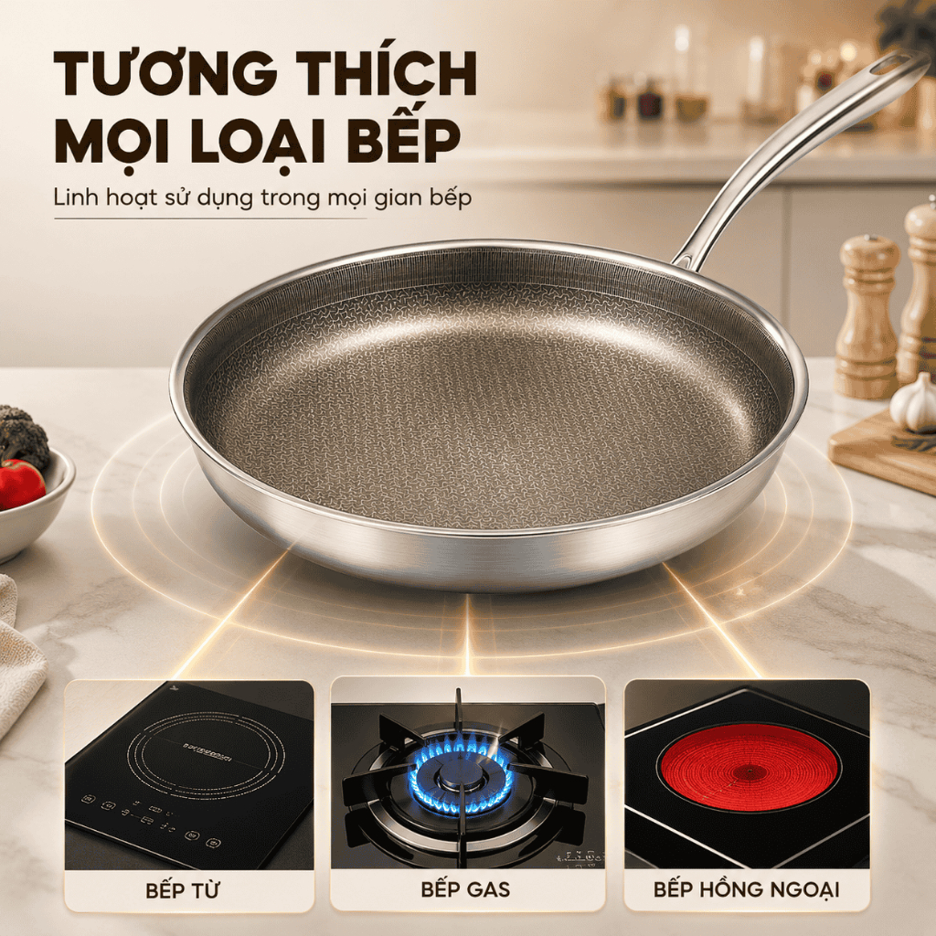 Chảo Inox 316 Titanium Engler EL3815 Chảo cạn lòng 7 lớp chống dính tự nhiên dùng mọi loại bếp