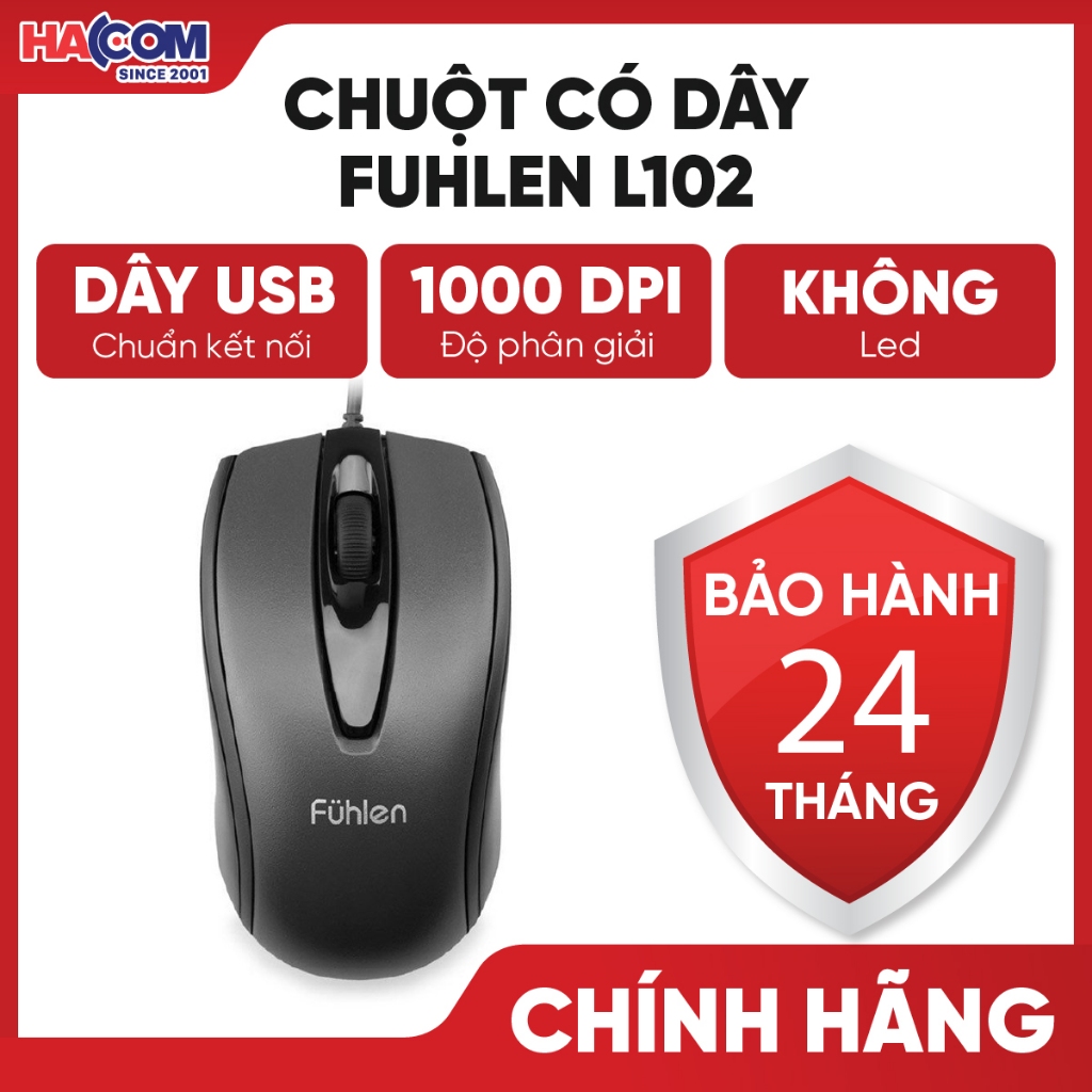 Chuột Máy Tính Fuhlen L102 USB 1000DPI Màu Đen Có Dây Cho Văn Phòng Laptop Bền Tới 3 Triệu Click