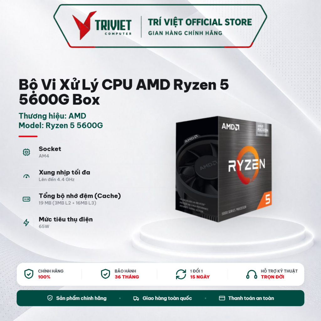 Bộ Vi Xử Lý CPU AMD Ryzen 5 5600G Box 6 Nhân 12 Luồng 4.4GHz 19MB Cache AM4 Radeon Graphics
