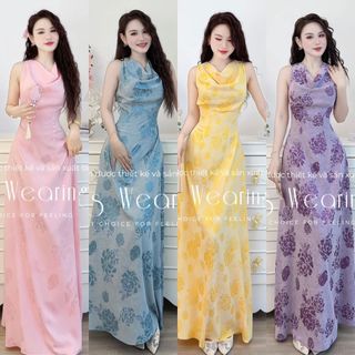 Đầm Lụa Gấm Hoa Thời Thượng LEOSWEARING Thiết Kế Cổ Đổ Dáng Dài Họa Tiết Hoa Hồng G488 G489