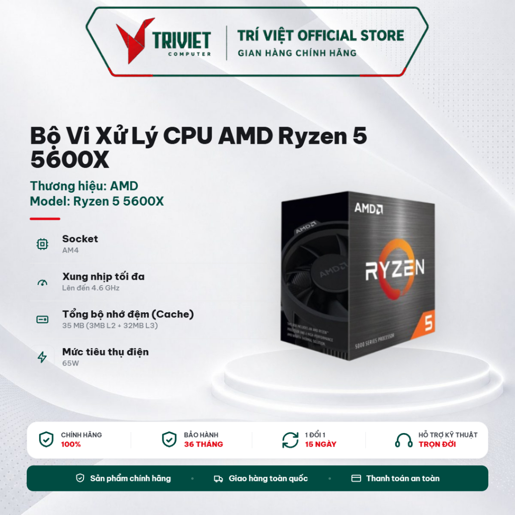 Bộ Vi Xử Lý CPU AMD Ryzen 5 5600X 6 Nhân 12 Luồng 4.6GHz 35MB Cache AM4 Kèm Wraith Stealth | BigBuy360 - bigbuy360.vn