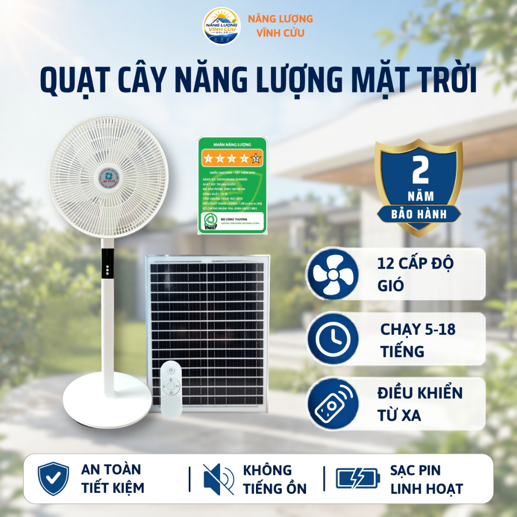 Quạt Năng Lượng Mặt Trời Tích Điện SinicHome Mẫu Cây Đứng, Chạy Êm Không Tiếng Ồn, 12 Cấp Độ Gió, Điều Khiển Từ Xa