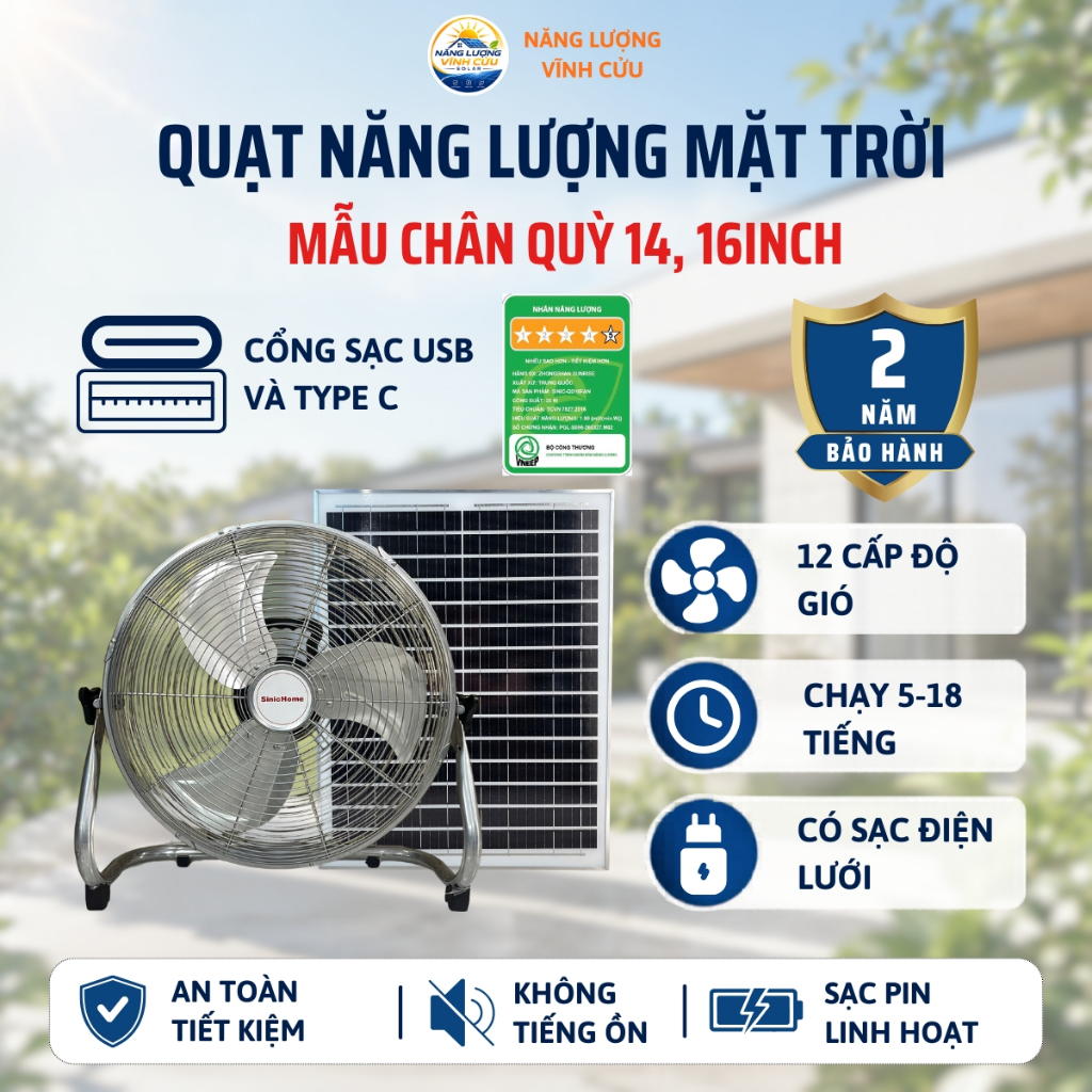 Quạt Năng Lượng Mặt Trời Tích Điện SinicHome Kiểu Chân Quỳ 14, 16inch, 12 Cấp Gió, Cổng Sạc Điện Thoại USB và Type C