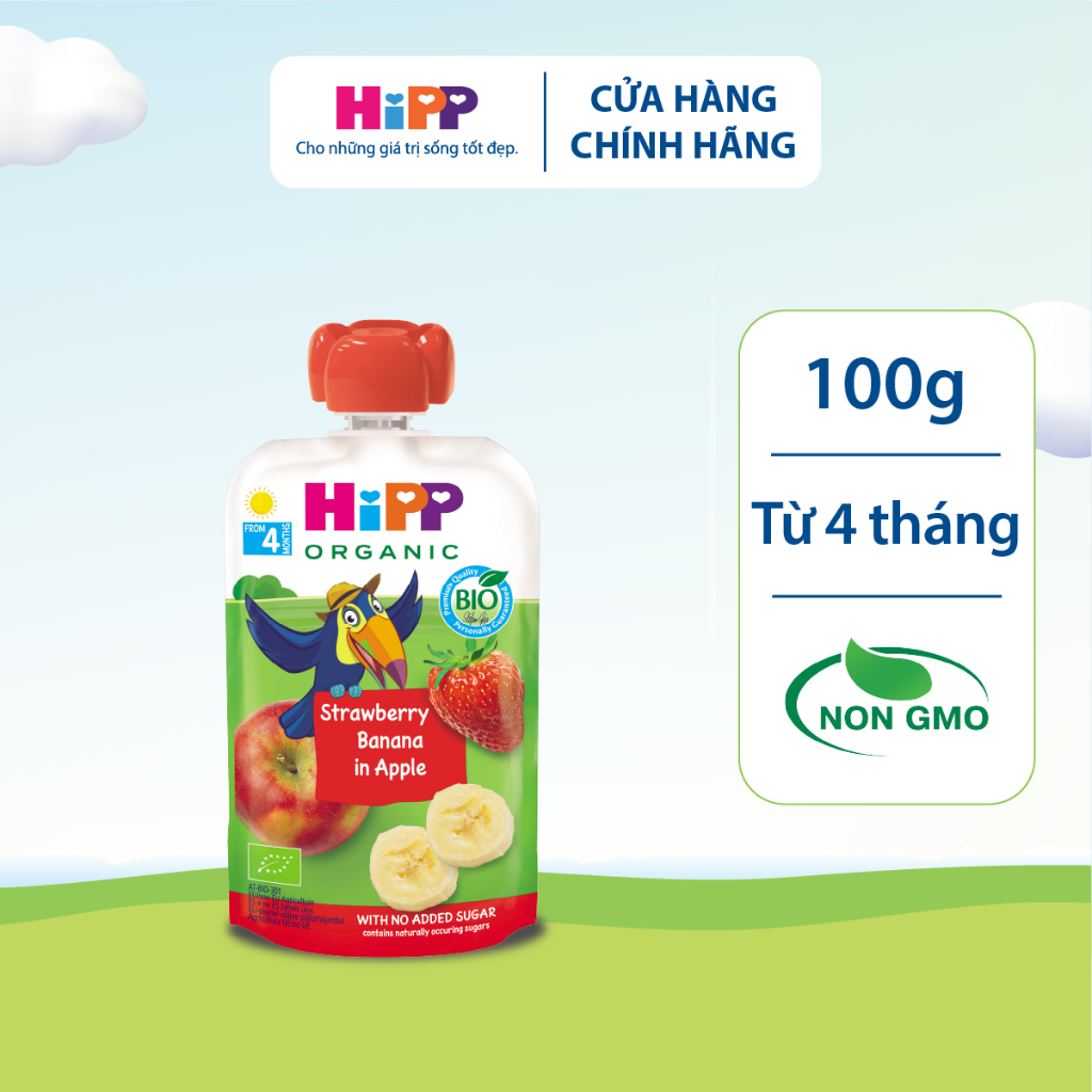 Dinh dưỡng 100% Trái cây nghiền Organic HiPPiS Dâu tây, Chuối, Táo 100g