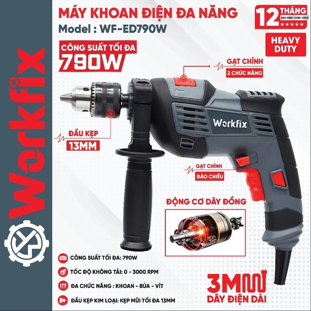 Máy Khoan Điện Workfix WF-ED790W Đầu kẹp 13mm Lực siết 790W Có 3 Chế Độ Lực Siết, Autostop Bắt Vít Gỗ, Vít Sắt