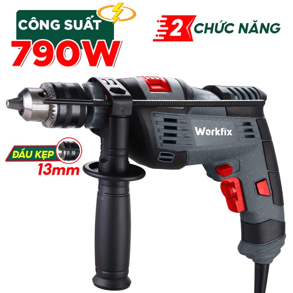 Máy Khoan Điện Workfix WF-ED790W Đầu kẹp 13mm Lực siết 790W Có 3 Chế Độ Lực Siết, Autostop Bắt Vít Gỗ, Vít Sắt