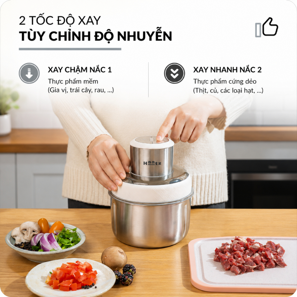 Máy Xay Thịt Đa Năng Haatz HMG168 500W 2 Cối Inox Và Thủy Tinh Xay Nhanh Tặng Bộ Đánh Ruốc