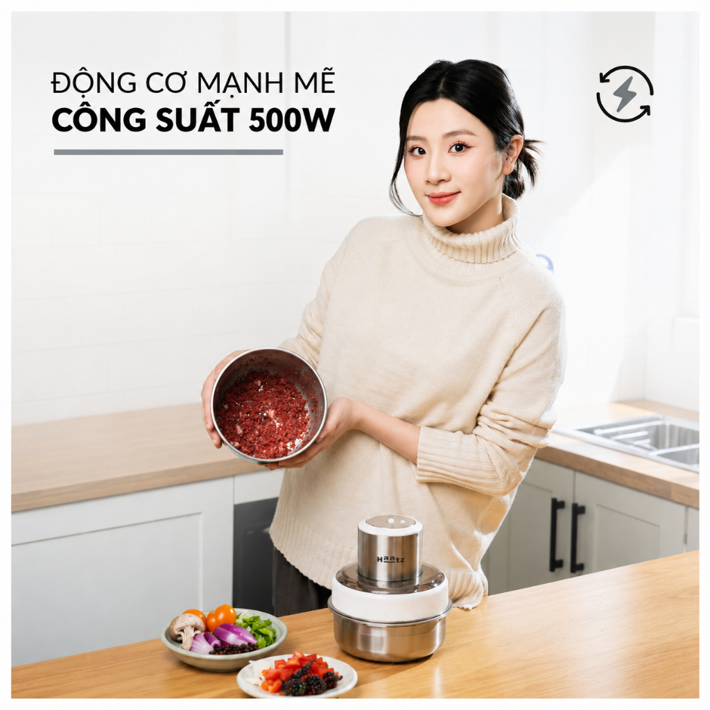 Máy Xay Thịt Đa Năng Haatz HMG168 500W 2 Cối Inox Và Thủy Tinh Xay Nhanh Tặng Bộ Đánh Ruốc