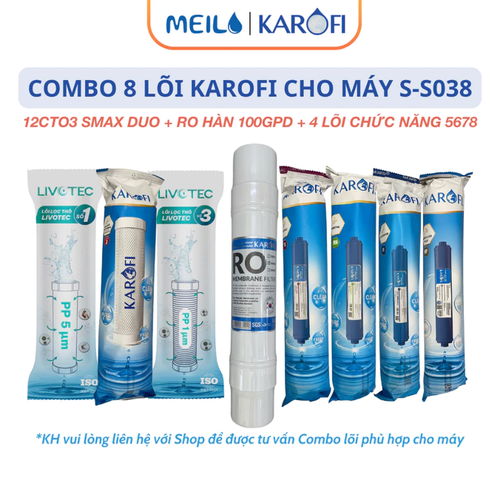 Combo 8 Lõi Lọc Nước Karofi Cho Máy Model Slim S-S038 Gồm Bộ Thô 12CTO3 RO100GPD Hàn 4 Lõi Chức Năng