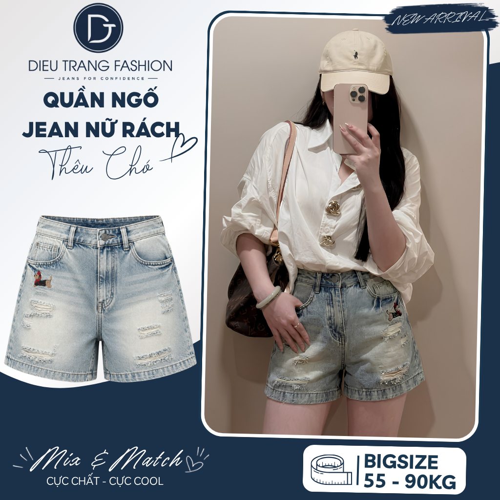 Quần Lửng Jeans Nữ Rách Thêu Cún Lưng Cao Form Rộng Ngố Hàng QC Cao Cấp  Diệu Trang Fashion QC66