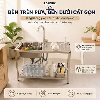 LOADNIX Chậu rửa bát 1 hố Inox 304 cao cấp Bồn rửa chén đa năng Bền bỉ không gỉ sét