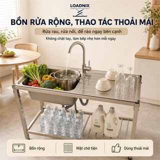 LOADNIX Chậu rửa bát 1 hố Inox 304 cao cấp Bồn rửa chén đa năng Bền bỉ không gỉ sét